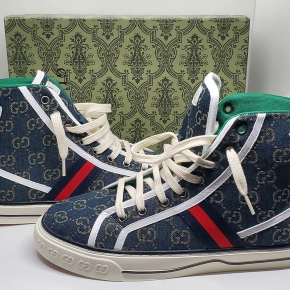 Gucci Blue Denim Sneakers with Red and Green Accents - Picture 1 of 9
